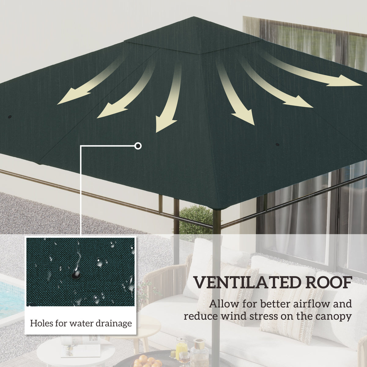 Gazebo canopy roof with drainage holes and a ventilated peak.