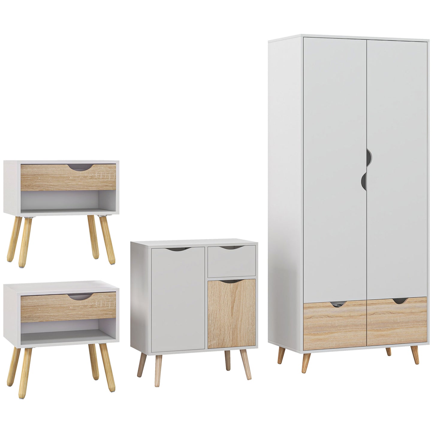 Photo of HOMCOM Bedroom Furniture Set, Wardrobe with Hanging Rail, Bedside Table, Floor Cabinet with Storage, Nature Wood Finish and White in White colour on a white background