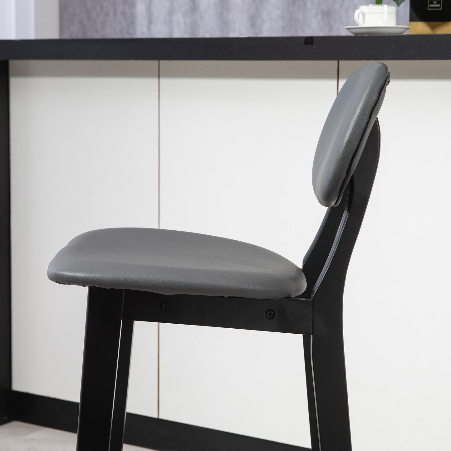 HOMCOM Bar Stools Set of 2, Breakfast Bar Chairs, PU Leather Upholstered Kitchen Stools with Backs, Footrests and Solid Wood Legs, Dark Grey