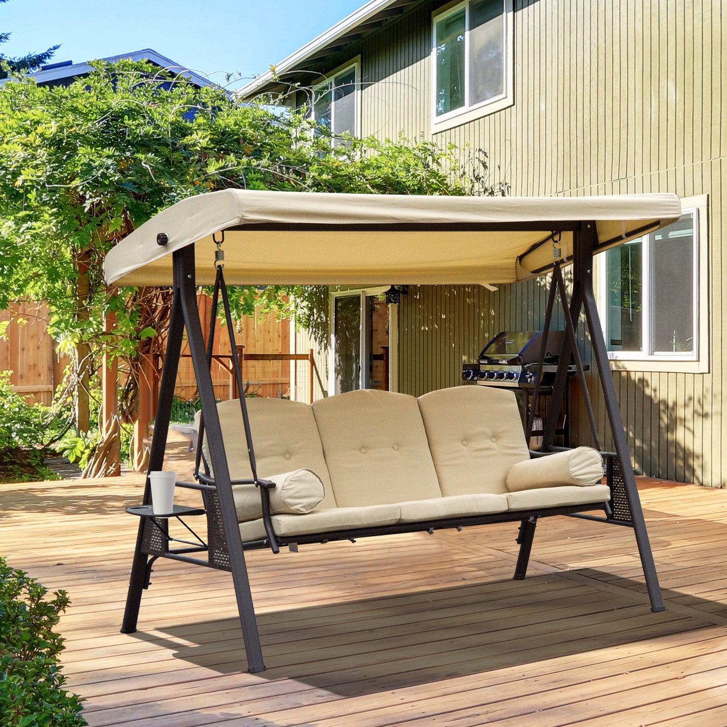 Outsunny Swing Chair Hammock Chair 3 Seater Canopy Cushion Shelter Outdoor Bench Steel Beige