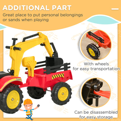 Ride-on tractor's removable rear trailer has a storage bed and wheels