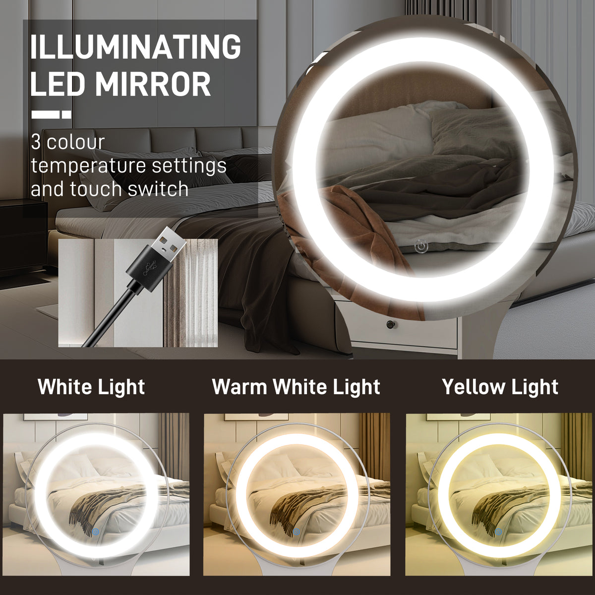 Round LED mirror with white, warm white and yellow light settings