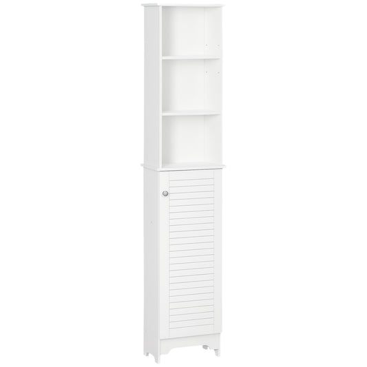 Front view of a white slim bathroom cabinet with open shelves and a slatted door