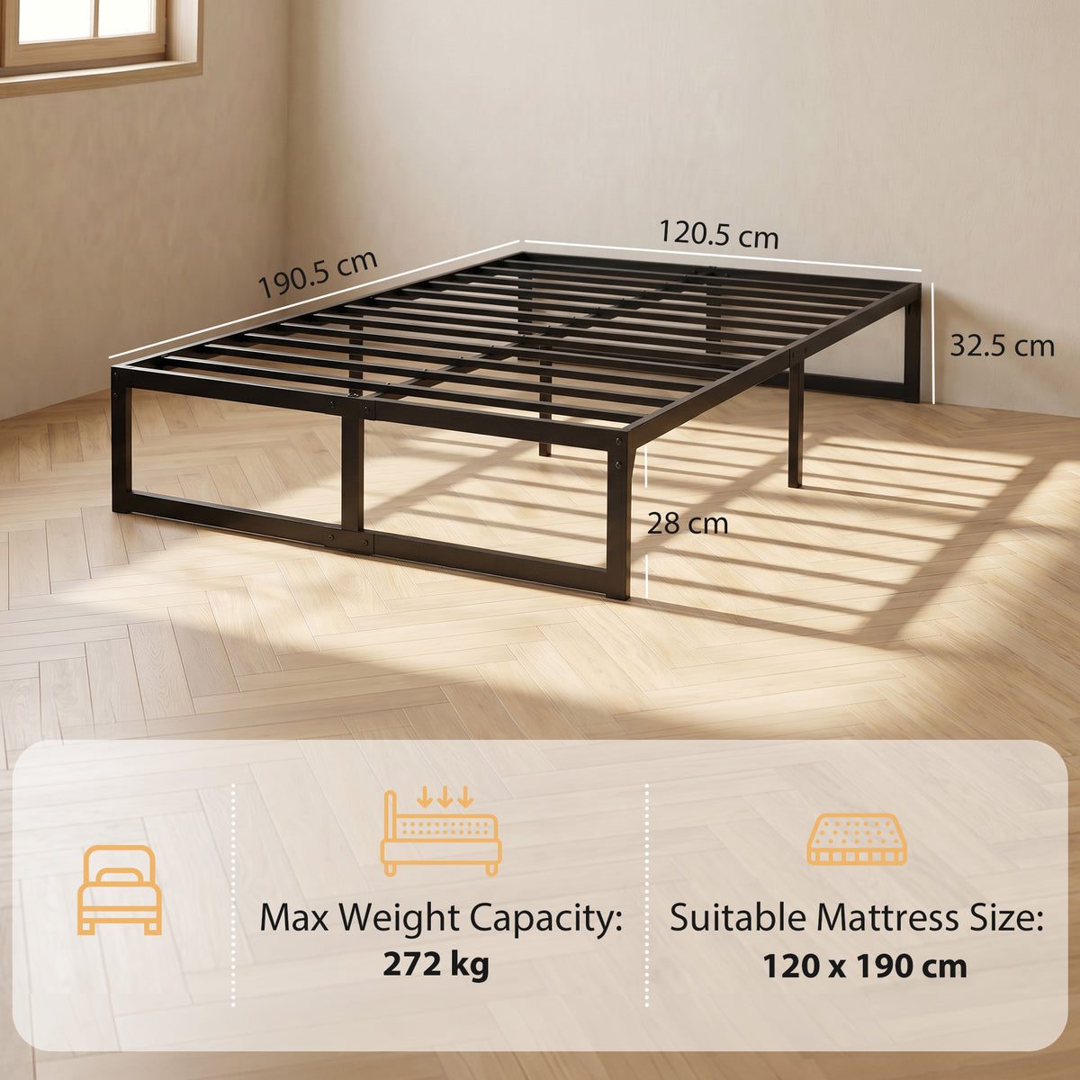 HOMCOM 4ft Small Double Bed Frame with Underbed Storage and Steel Slat Support, 32.5 cm Height, Noise-Free, Black