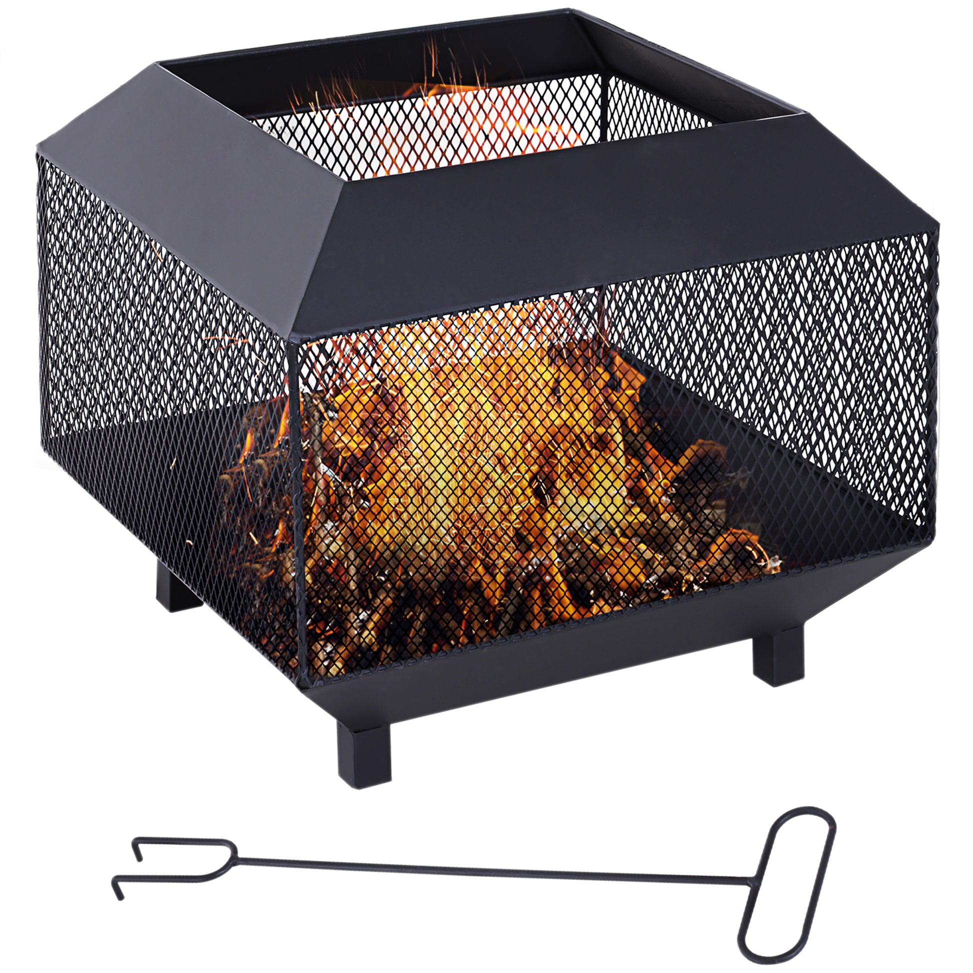 Photo of Outsunny Metal Square Fire Pit Outdoor Mesh Firepit Brazier w/ Lid, Log Grate, Poker for Backyard, Camping, Bonfire, Wood Burning Stove, 44 x 44 x 40cm, Black in Black colour on a white background