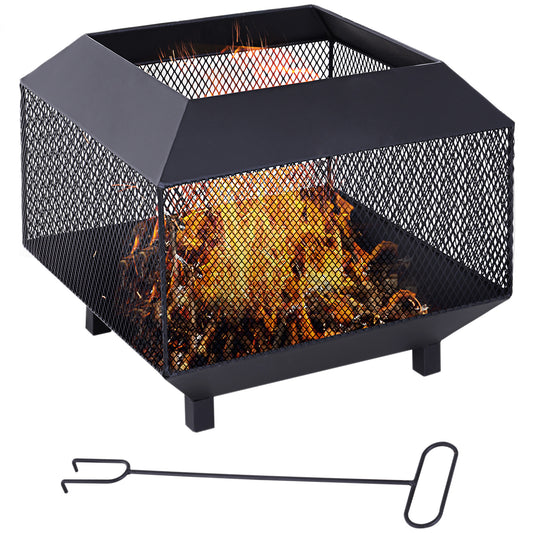 Photo of Outsunny Metal Square Fire Pit Outdoor Mesh Firepit Brazier w/ Lid, Log Grate, Poker for Backyard, Camping, Bonfire, Wood Burning Stove, 44 x 44 x 40cm, Black in Black colour on a white background