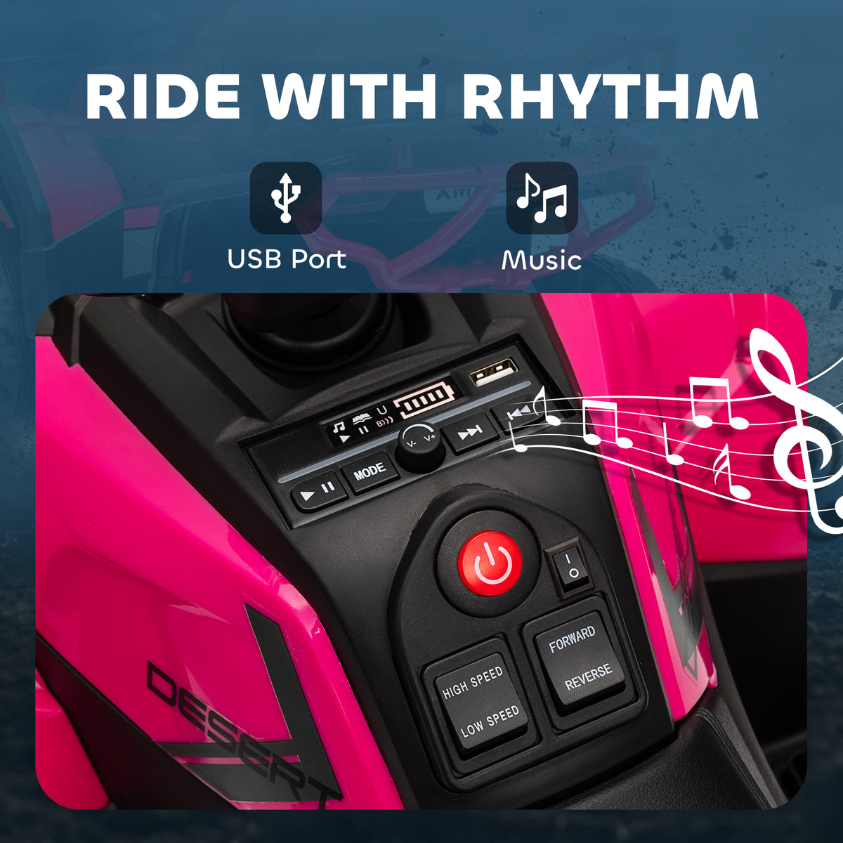 Pink kids' electric ride-on ATV control panel with USB port, music controls and speed settings