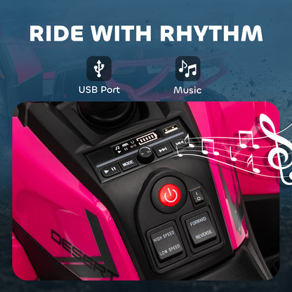 Pink kids' electric ride-on ATV control panel with USB port, music controls and speed settings