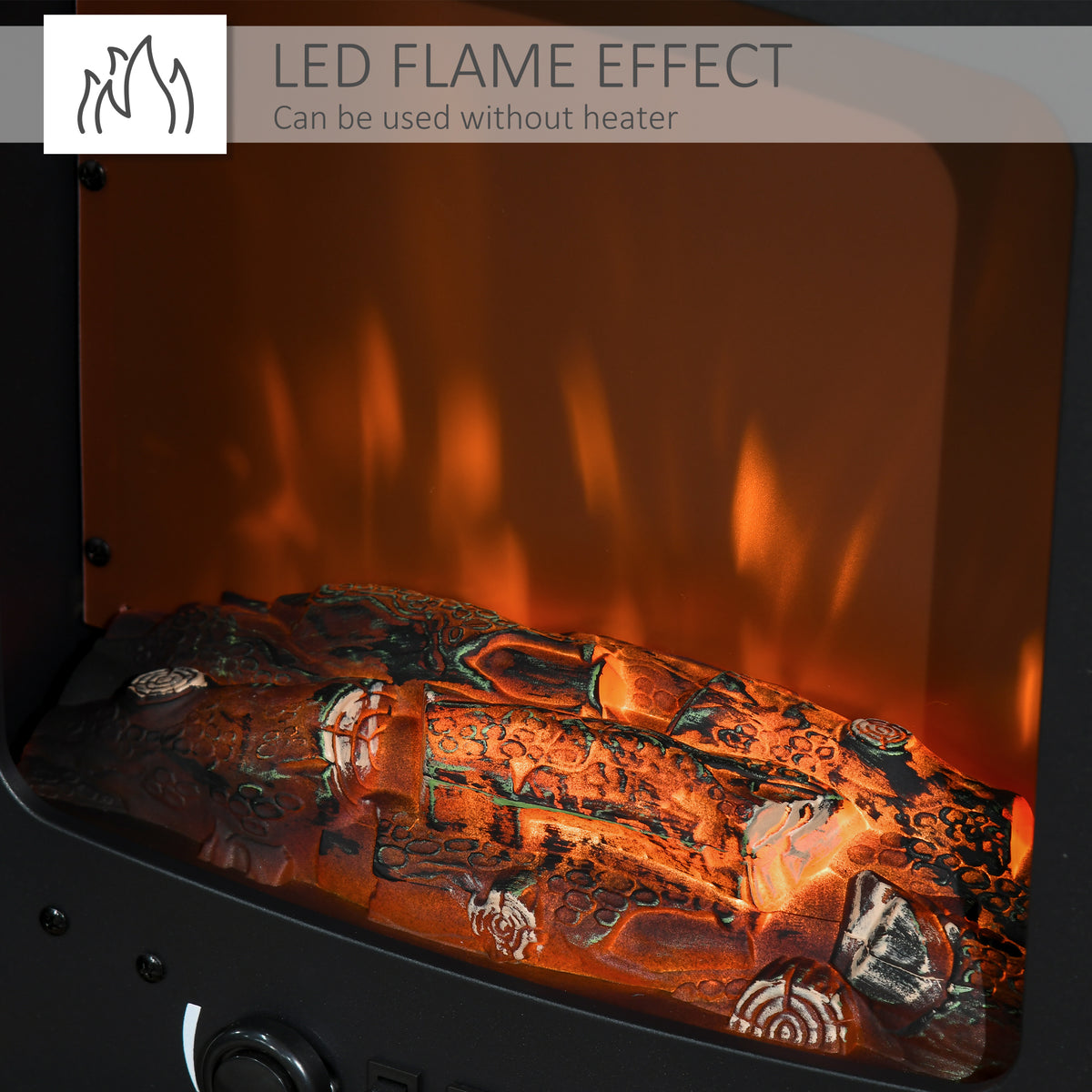 Electric fireplace stove showing its LED flame effect and faux logs