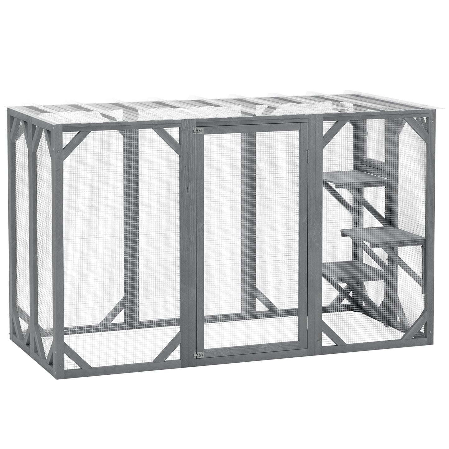 Photo of PawHut 71" Outdoor Wooden Cat House with Three Platforms, Large Door, Water-Resistant Roof, for Multiple Cats, Grey in Grey colour on a white background