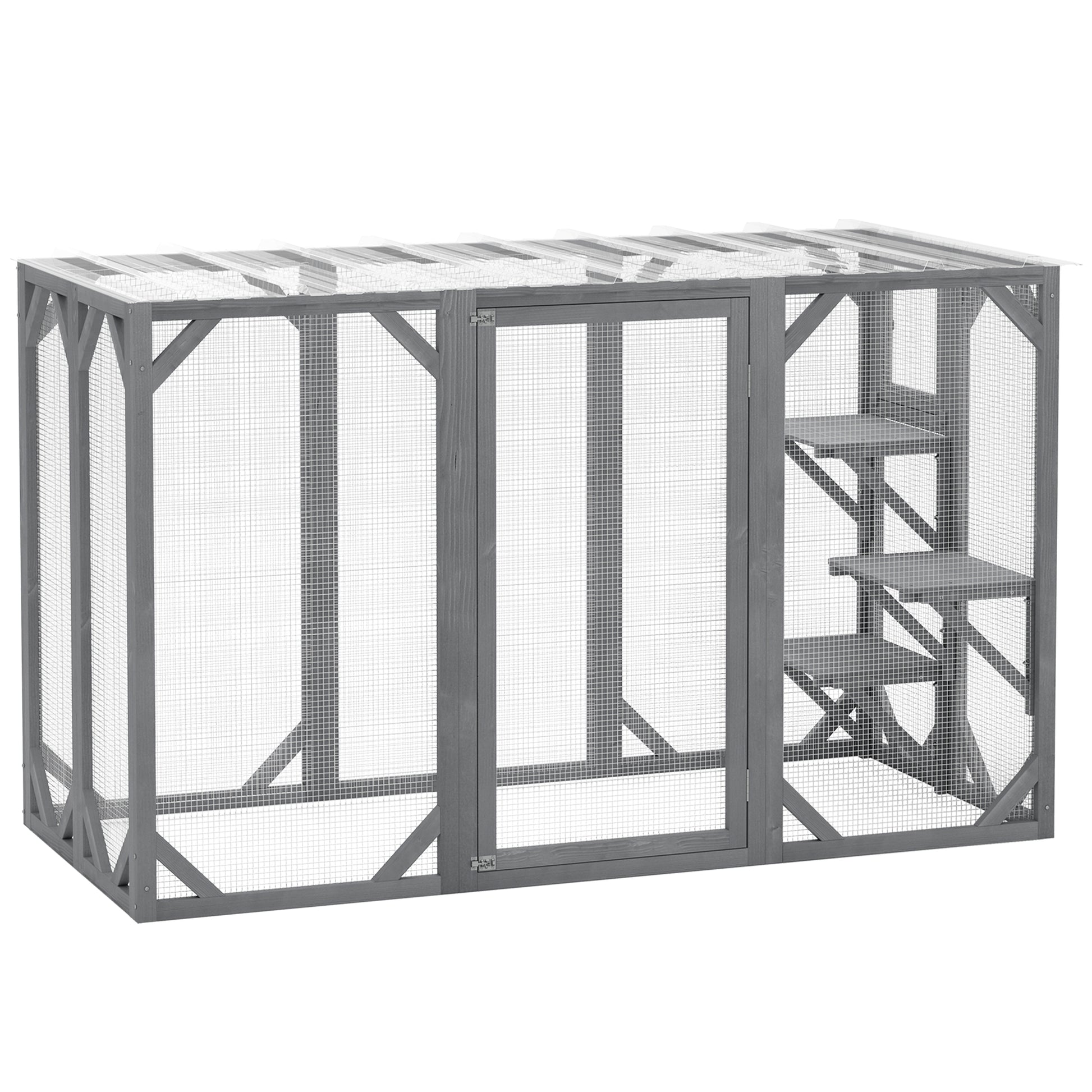 Photo of PawHut 71" Outdoor Wooden Cat House with Three Platforms, Large Door, Water-Resistant Roof, for Multiple Cats, Grey in Grey colour on a white background