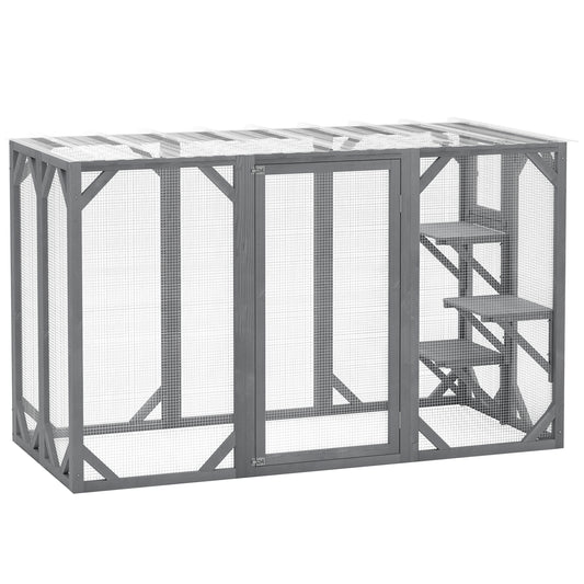 Photo of PawHut 71" Outdoor Wooden Cat House with Three Platforms, Large Door, Water-Resistant Roof, for Multiple Cats, Grey in Grey colour on a white background