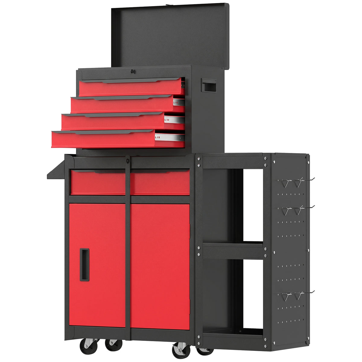 Photo of HOMCOM Tool Chest, Mobile Modular Tool Box with 5 Drawers, Side Rack, Pegboard, Lock, Tool Cabinet for Garage Workshop, Red in Red colour on a white background
