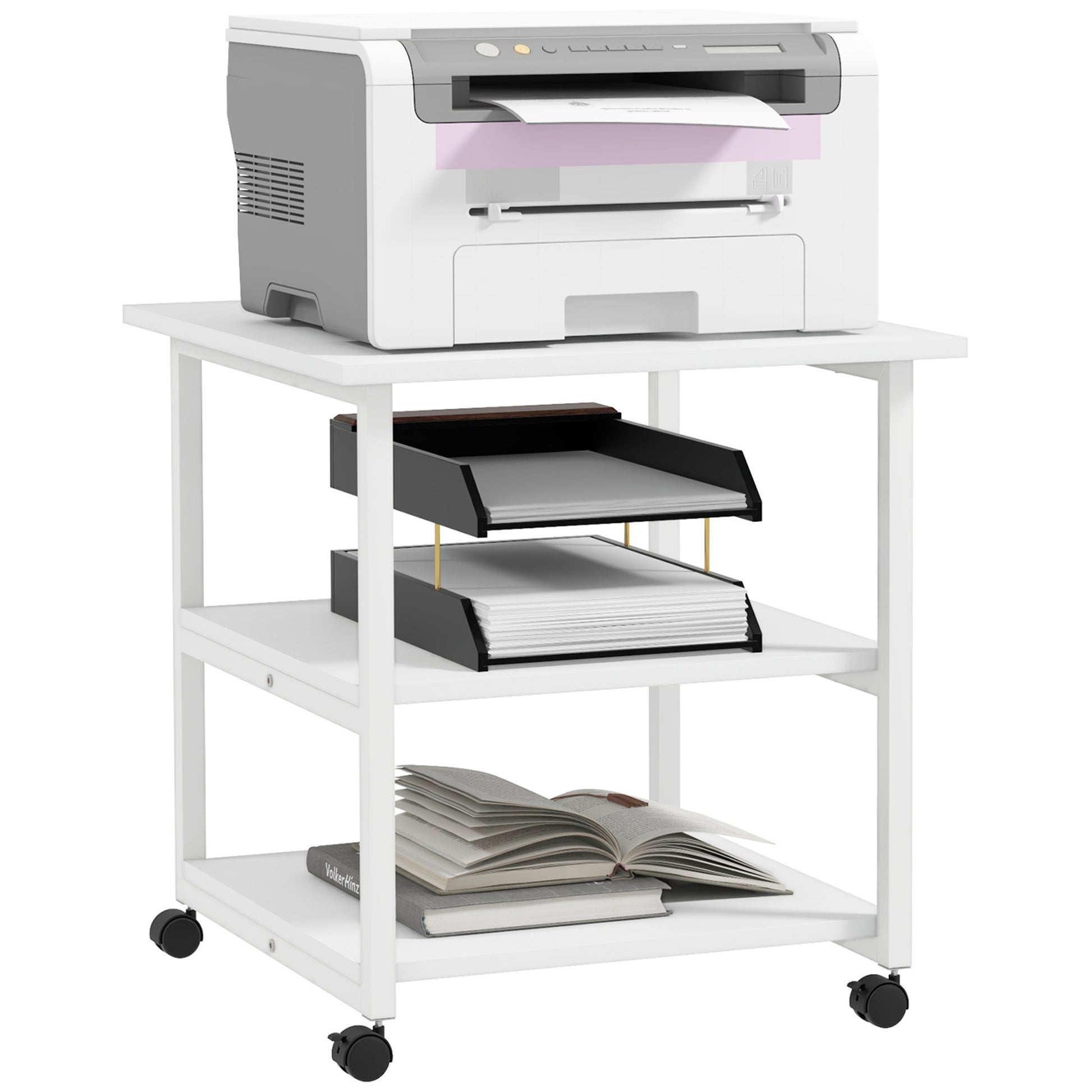 Photo of HOMCOM Three-Tier Steel Printer Stand, with Wheels - White in White colour on a white background
