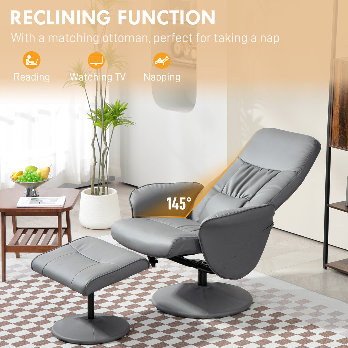 Light gray recliner chair tilted back with matching ottoman