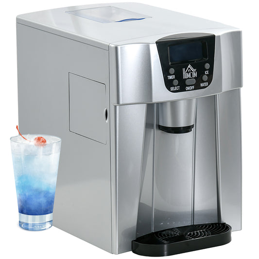 Silver HOMCOM ice maker and water dispenser with front drip tray