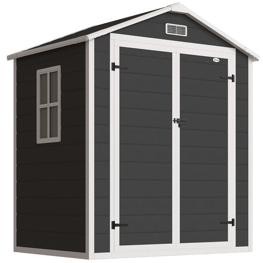 Photo of Outsunny 6'x4.5' Garden Storage Shed, Lockable Garden Shed with Double Doors, Window, Vent and Plastic Roof, Black in Black colour on a white background