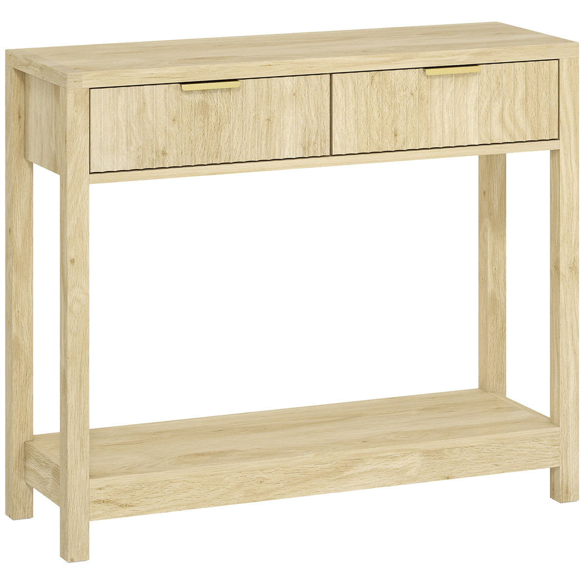 Photo of HOMCOM Modern Console Table with Fluted Panel Drawers, Narrow Hallway Table with Shelf for Entryway, Living Room, 90 x 30 x 76 cm, Natural Wood Finish in Finish colour on a white background