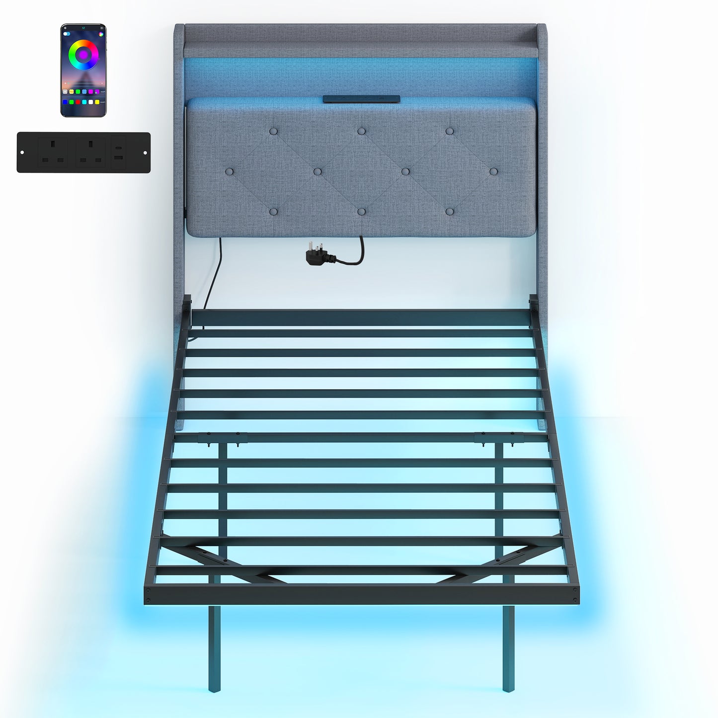 Photo of HOMCOM Floating Bed Frame, Upholstered 3ft Single Size Bed, Platform Bed with RGB LED Lights and Charging Station, Grey in Grey colour on a white background