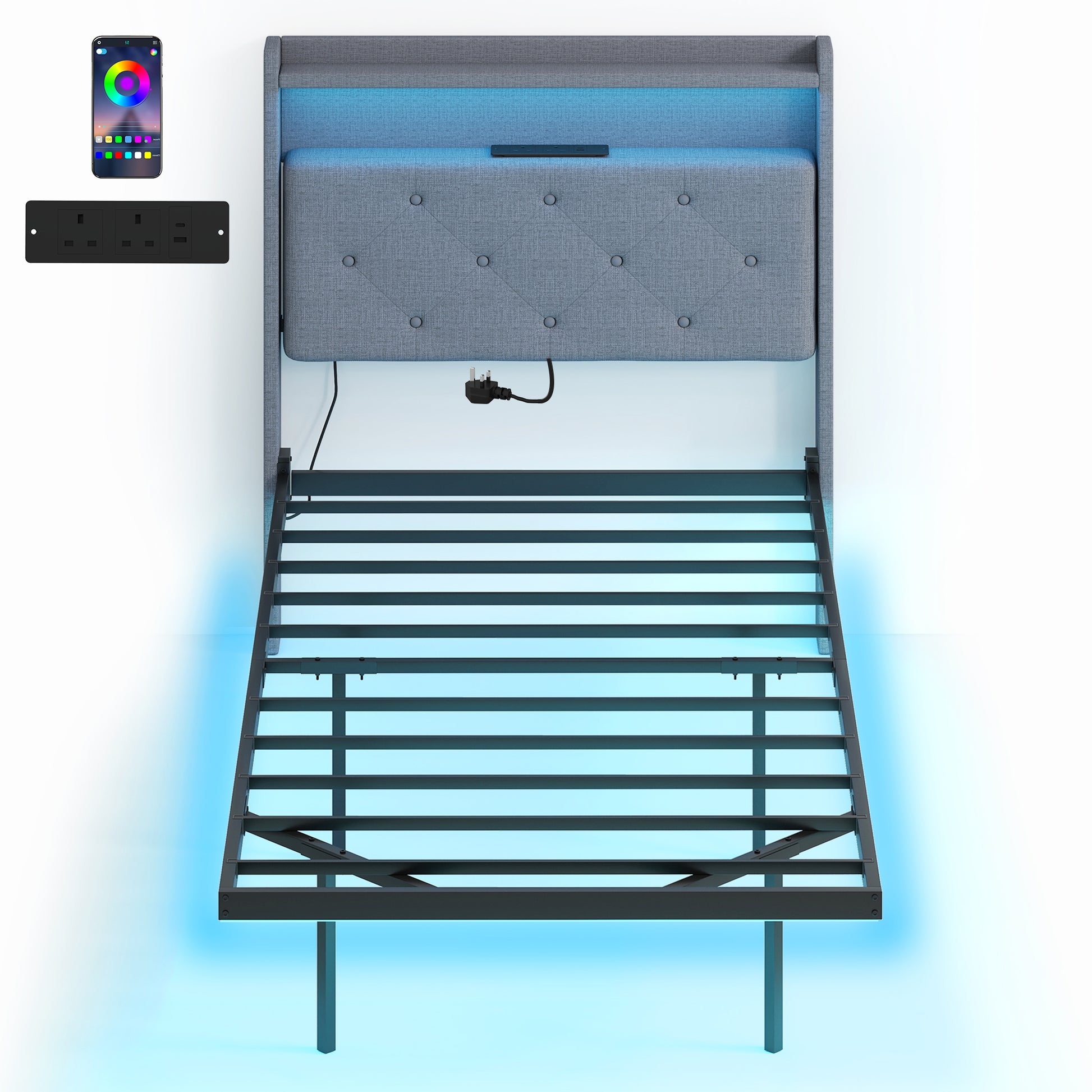 Photo of HOMCOM Floating Bed Frame, Upholstered 3ft Single Size Bed, Platform Bed with RGB LED Lights and Charging Station, Grey in Grey colour on a white background