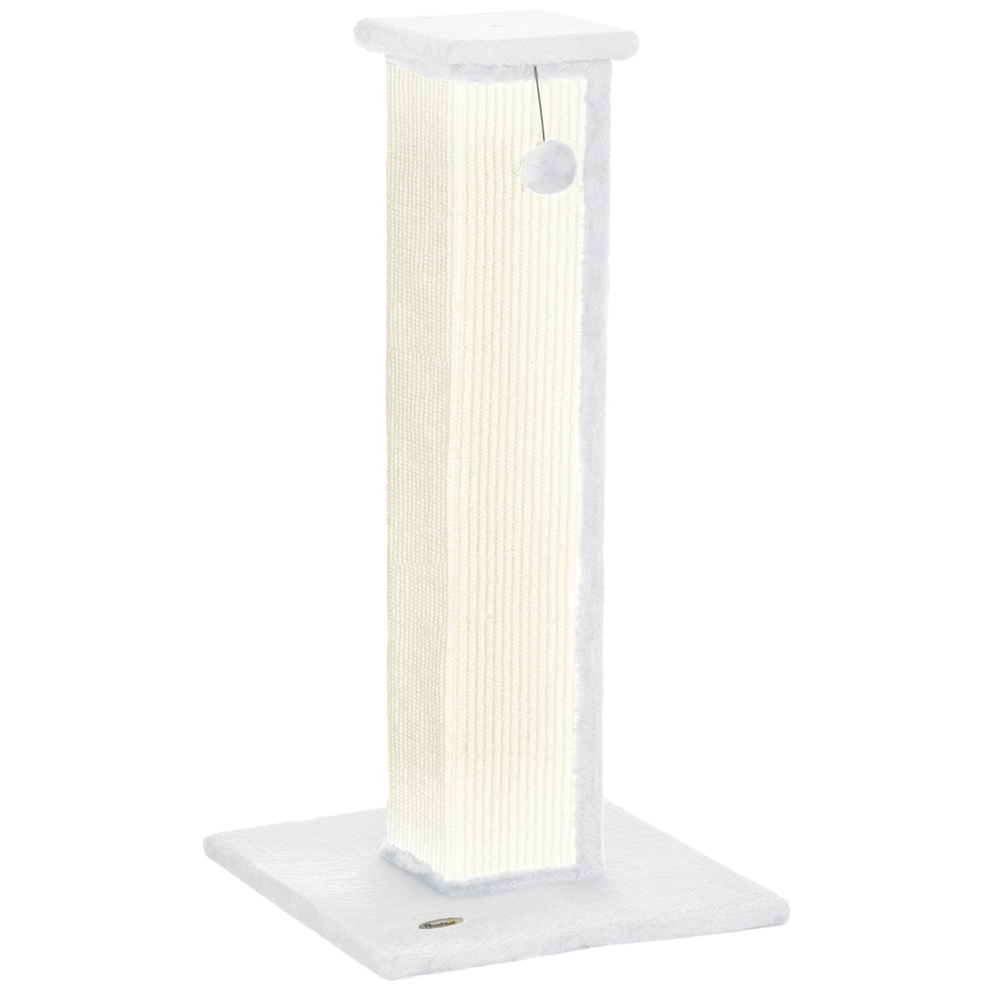 Photo of PawHut 81cm Cat Scratcher, Vertical Full Scratcher w/ Natural Sisal Rope, Hanging Ball, Soft Plush - White in White colour on a white background