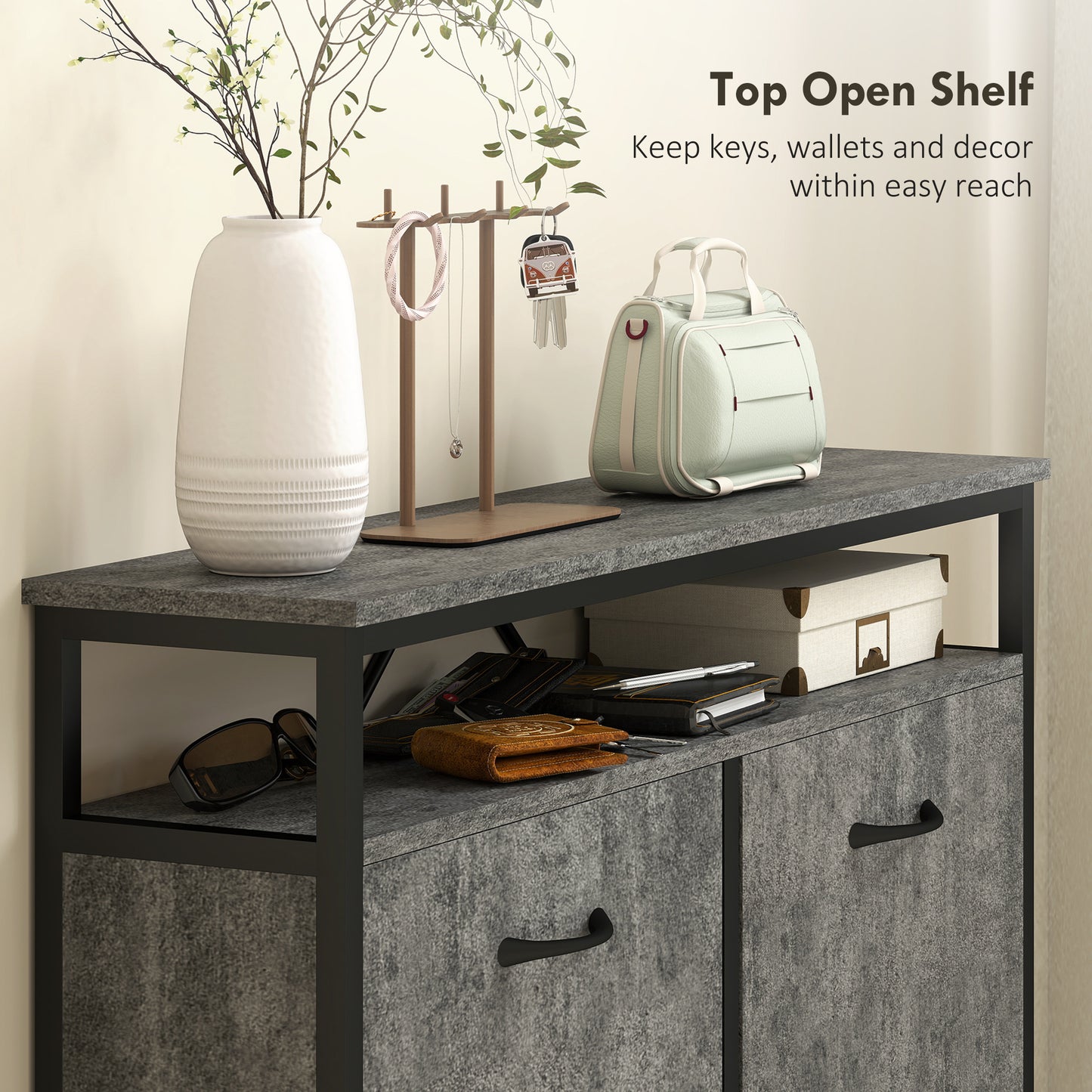 HOMCOM Shoe Storage Cabinet with 4 Flip Drawers and Open Shelf - Cement Grey