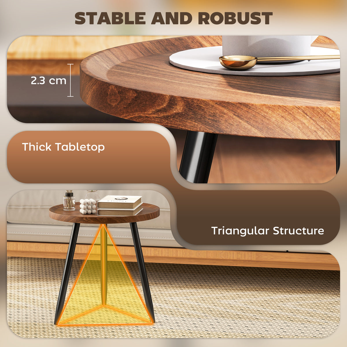 HOMCOM Modern Round Coffee Table with Steel Frame for Small Space, Sofa Beside, Living Room, Chestnut Wood Effect