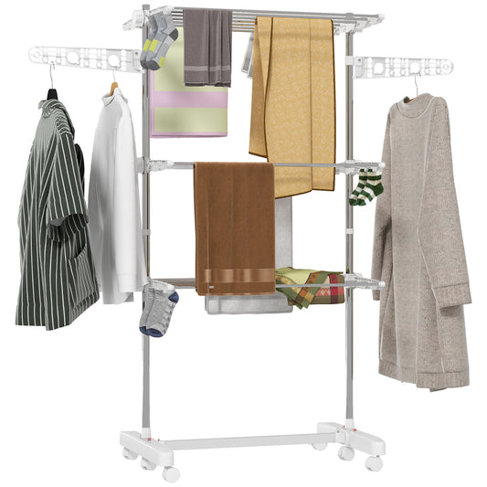 Photo of HOMCOM 3-Tier Clothes Airer, Stainless Steel Foldable Clothes Drying Rack with Wheels and Wings, Indoor and Outdoor, Easy Assembly, 142 x 55 x 152cm, White in White colour on a white background