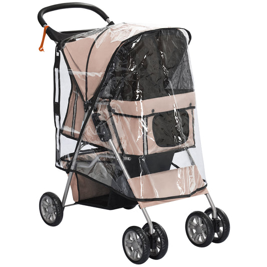 Photo of PawHut Dog Stroller with Rain Cover for Small Miniature Dogs, Folding Pet Pram with Cup Holder, Storage Basket, Reflective Strips, Brown in Brown colour on a white background