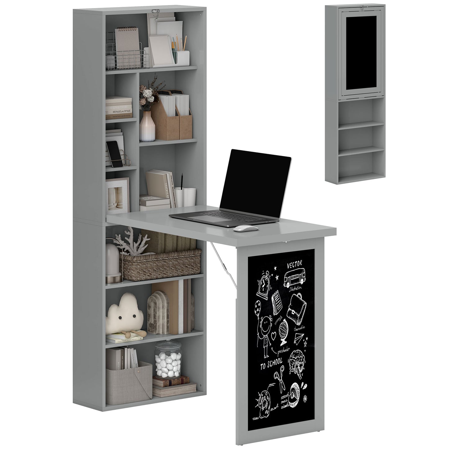 Photo of HOMCOM Folding Convertible Desk with Blackboard Multi-function Computer Office Workstation Side Shelf, Grey in Grey colour on a white background