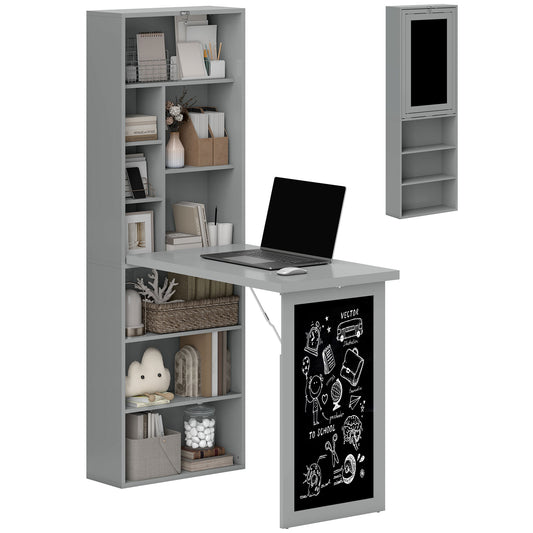 Photo of HOMCOM Folding Convertible Desk with Blackboard Multi-function Computer Office Workstation Side Shelf, Grey in Grey colour on a white background