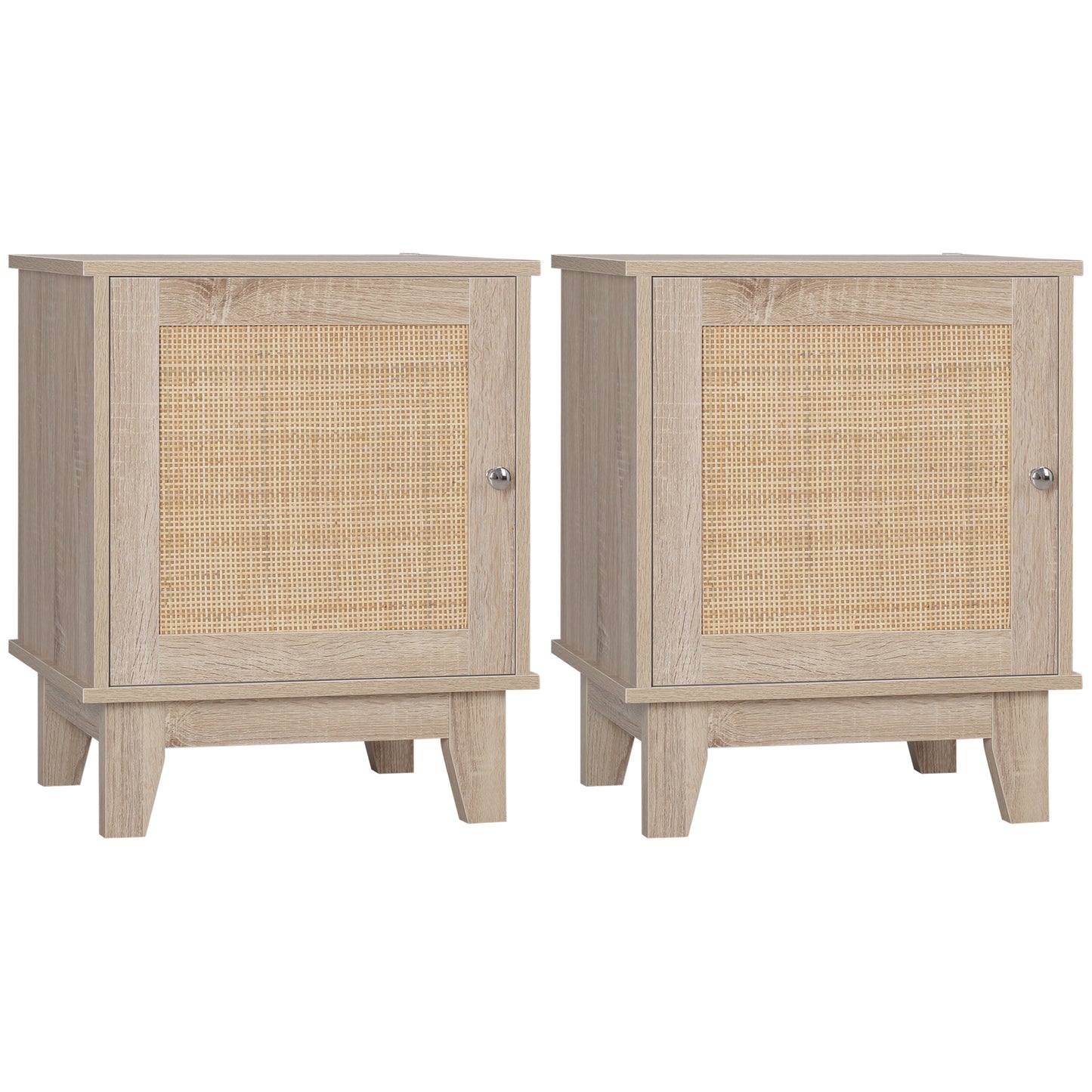 Photo of HOMCOM Bedside Table, Bedside Cabinet with Storage Cupboard, Side End Table with Rattan Element for Living Room, Bedroom, Set of 2, Natural in Natural colour on a white background