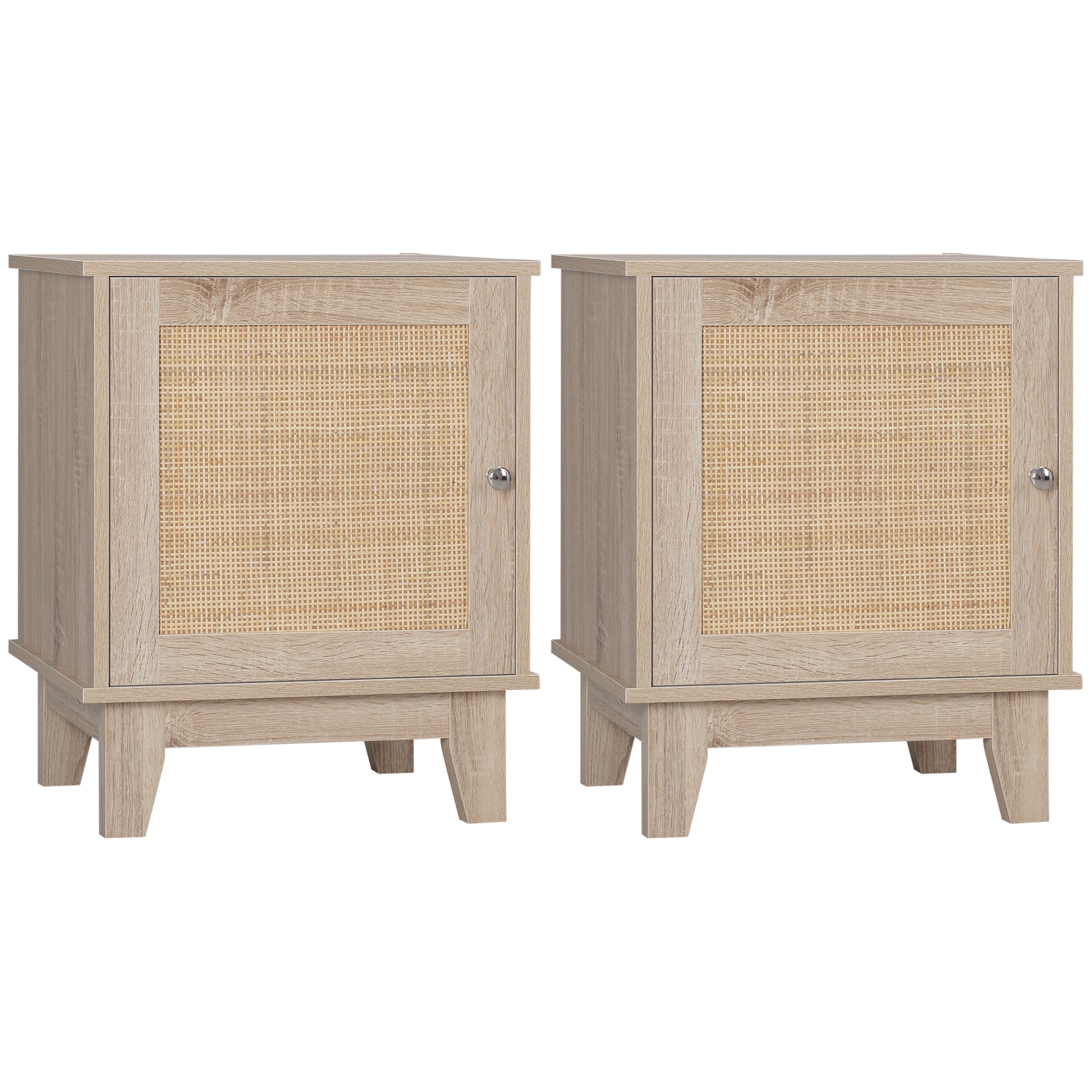 Photo of HOMCOM Bedside Table, Bedside Cabinet with Storage Cupboard, Side End Table with Rattan Element for Living Room, Bedroom, Set of 2, Natural in Natural colour on a white background