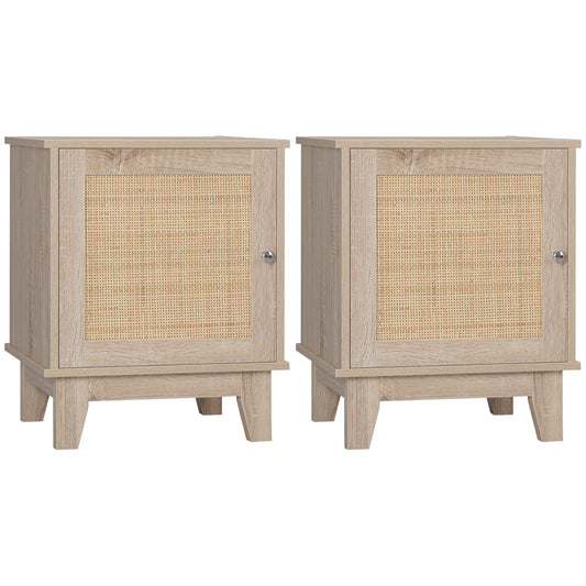 Photo of HOMCOM Bedside Table, Bedside Cabinet with Storage Cupboard, Side End Table with Rattan Element for Living Room, Bedroom, Set of 2, Natural in Natural colour on a white background