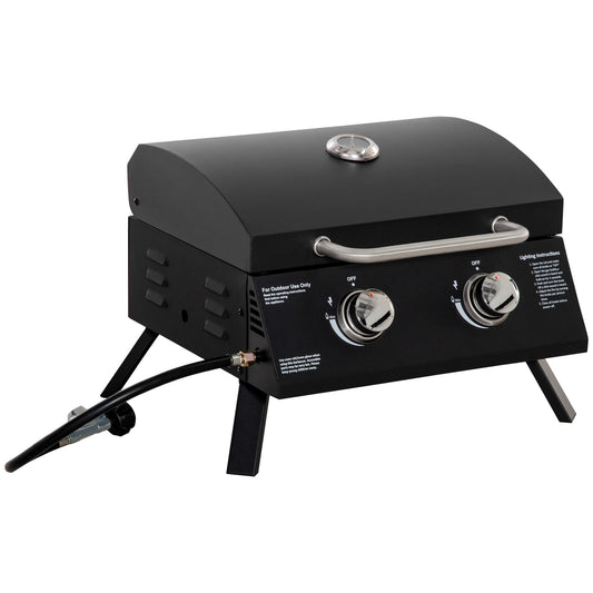 Photo of Outsunny 2 Burner Gas BBQ Grill, 5.8 kW Outdoor Portable Folding Tabletop Barbecue w/ Lid, Thermometer, Carbon Steel, Black in Black colour on a white background