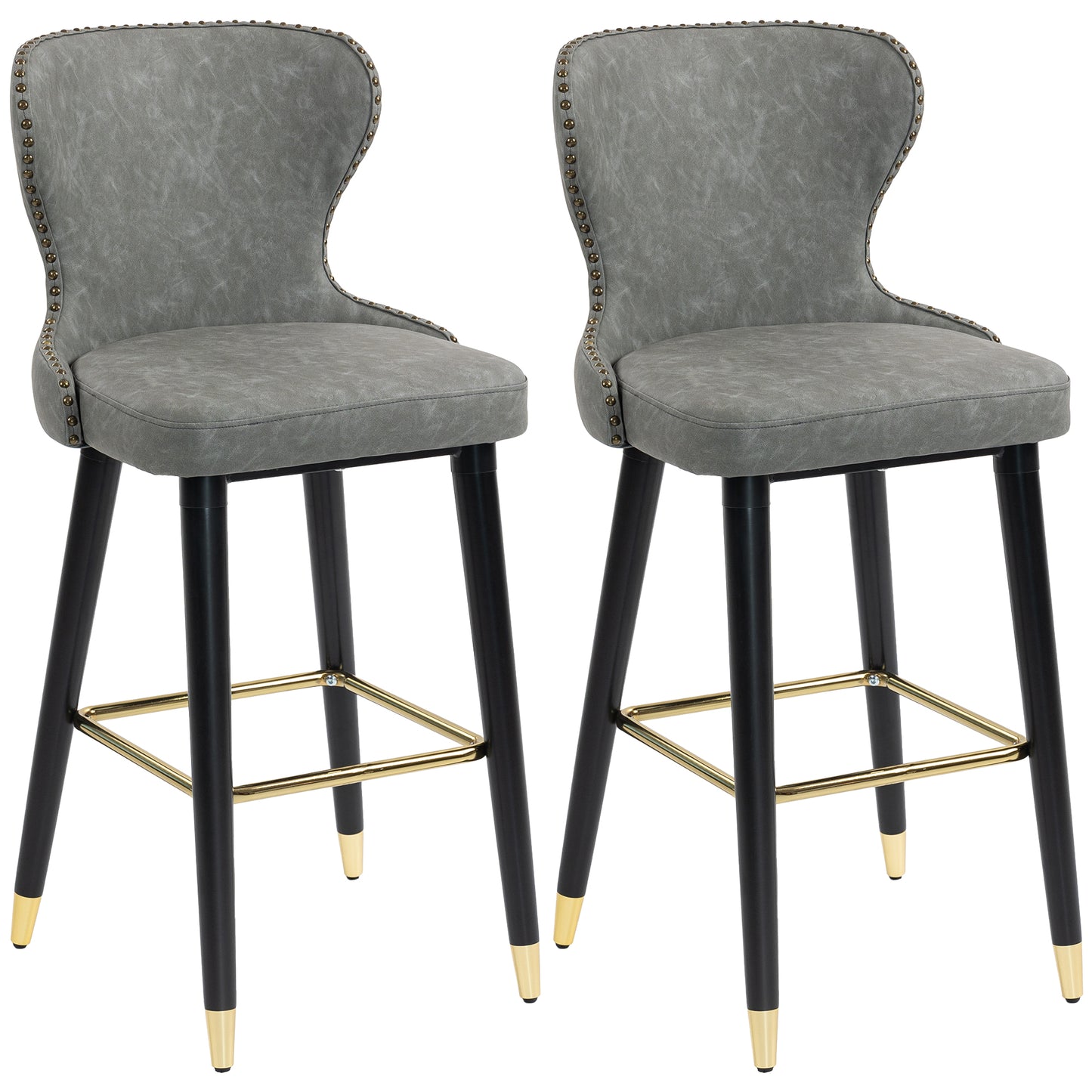Photo of HOMCOM Bar Stools Set of 2, PU Leather Barstools with Back, Footrest and Wood Legs for Kitchen, Counter, Breakfast Bar, Grey in Grey colour on a white background