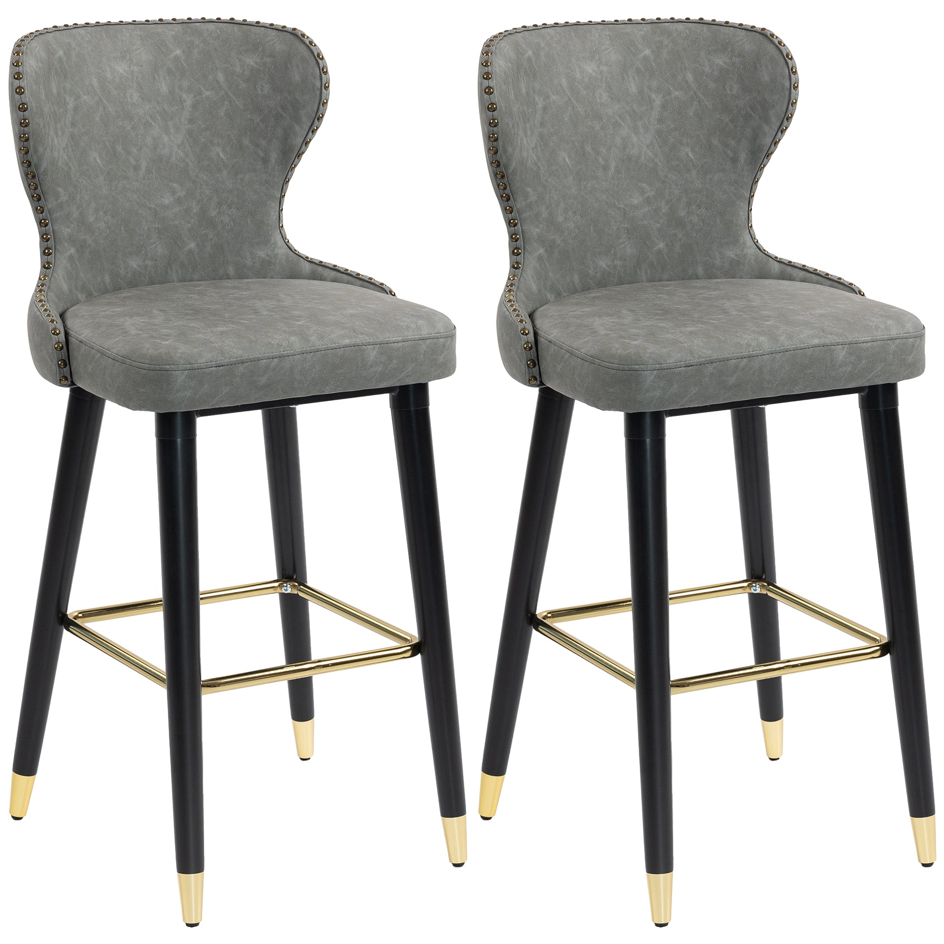 Photo of HOMCOM Bar Stools Set of 2, PU Leather Barstools with Back, Footrest and Wood Legs for Kitchen, Counter, Breakfast Bar, Grey in Grey colour on a white background