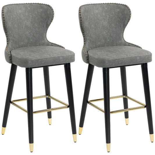 Photo of HOMCOM Bar Stools Set of 2, PU Leather Barstools with Back, Footrest and Wood Legs for Kitchen, Counter, Breakfast Bar, Grey in Grey colour on a white background