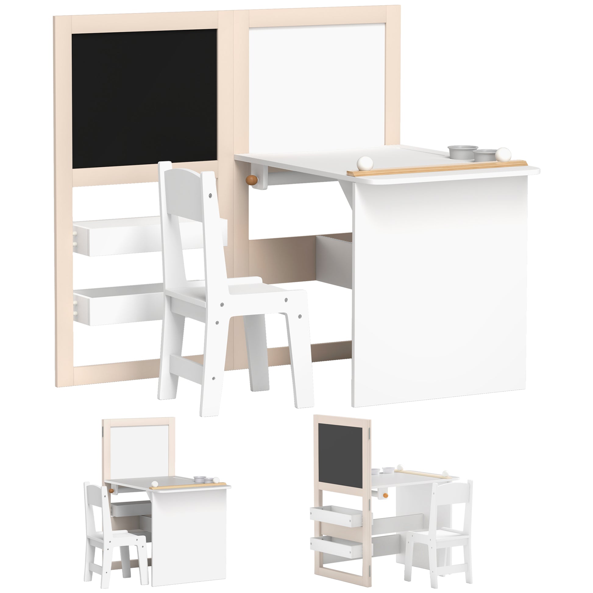 Photo of AIYAPLAY 3 in 1 Kids Table and Chair Set with Storage, Whiteboard, Blackboard & Roll Paper for 3-8 Years, White in White colour on a white background
