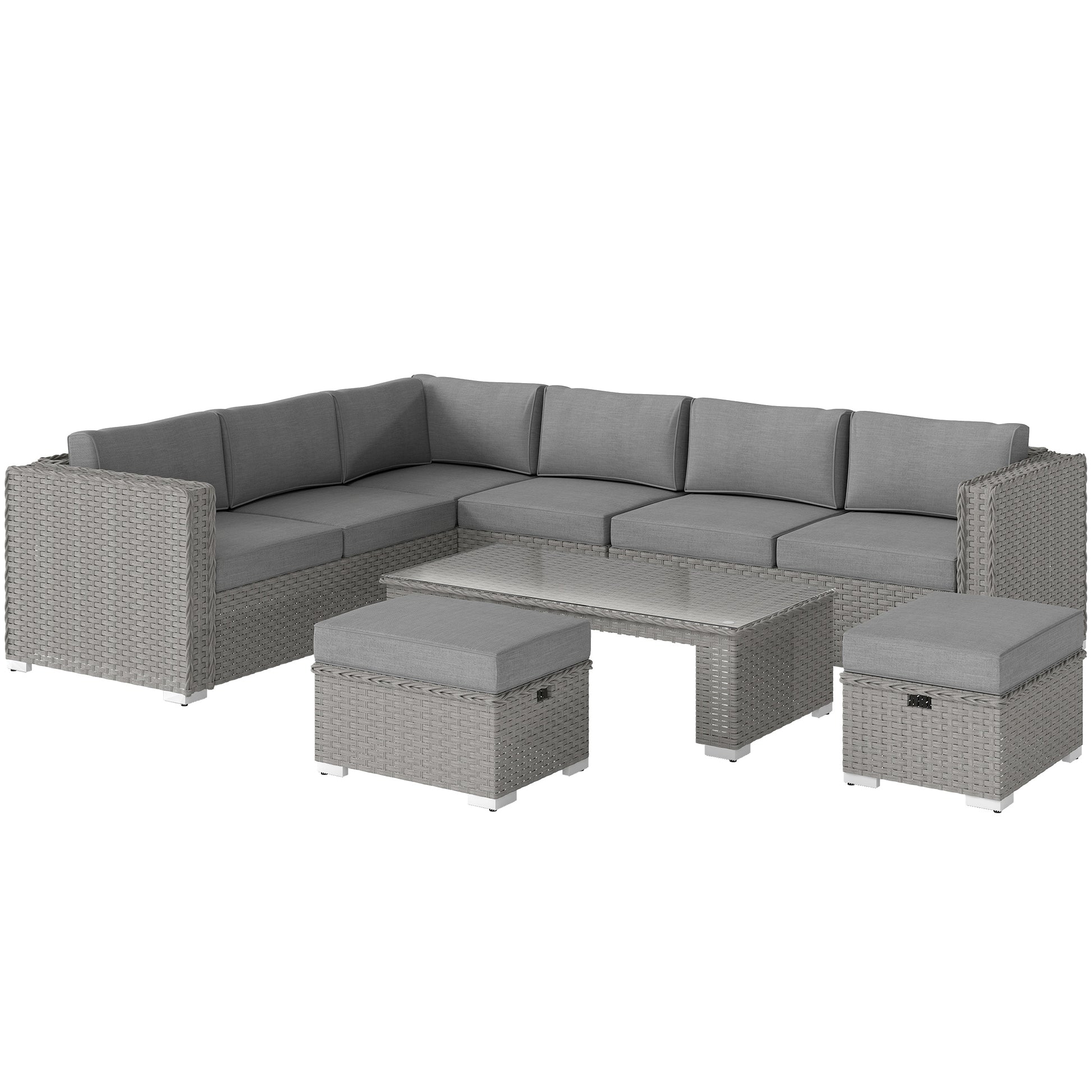 Photo of Outsunny 6 Pieces Outdoor PE Rattan Wicker Corner Sofa Set with 10cm Thick Padded Cushions, Aluminium Conservatory Furniture with Glass Top Coffee Table, Footstools, Grey in Grey colour on a white background