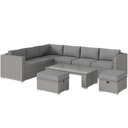 Photo of Outsunny 6 Pieces Outdoor PE Rattan Wicker Corner Sofa Set with 10cm Thick Padded Cushions, Aluminium Conservatory Furniture with Glass Top Coffee Table, Footstools, Grey in Grey colour on a white background