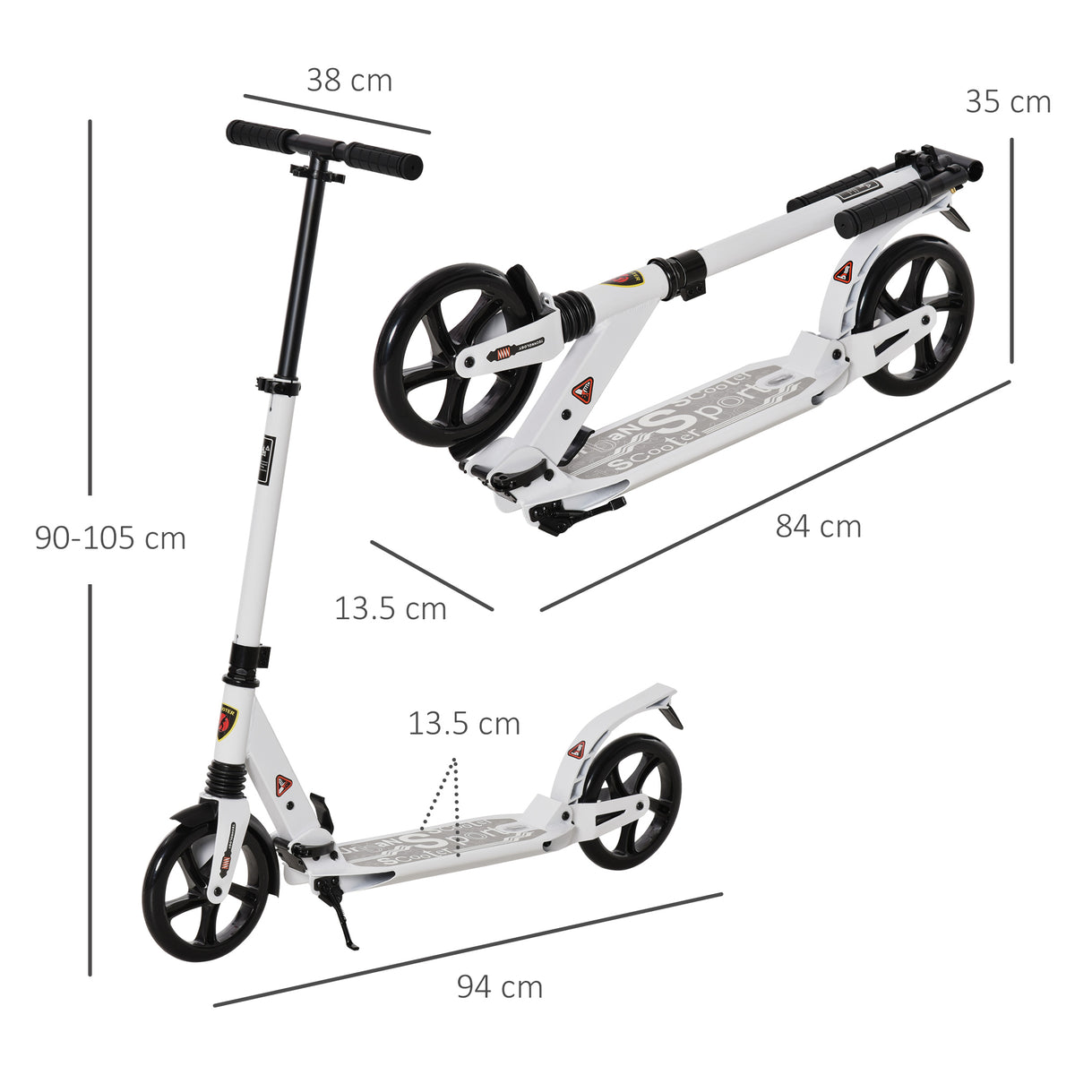 HOMCOM white kick scooter shown folded and upright with dimensions