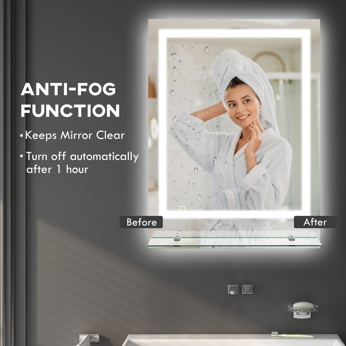 kleankin LED Bathroom Mirror with Lights and Shelf, Illuminated Makeup Mirror, Vanity Mirror with 3 Colour, Smart Touch, Anti-Fog