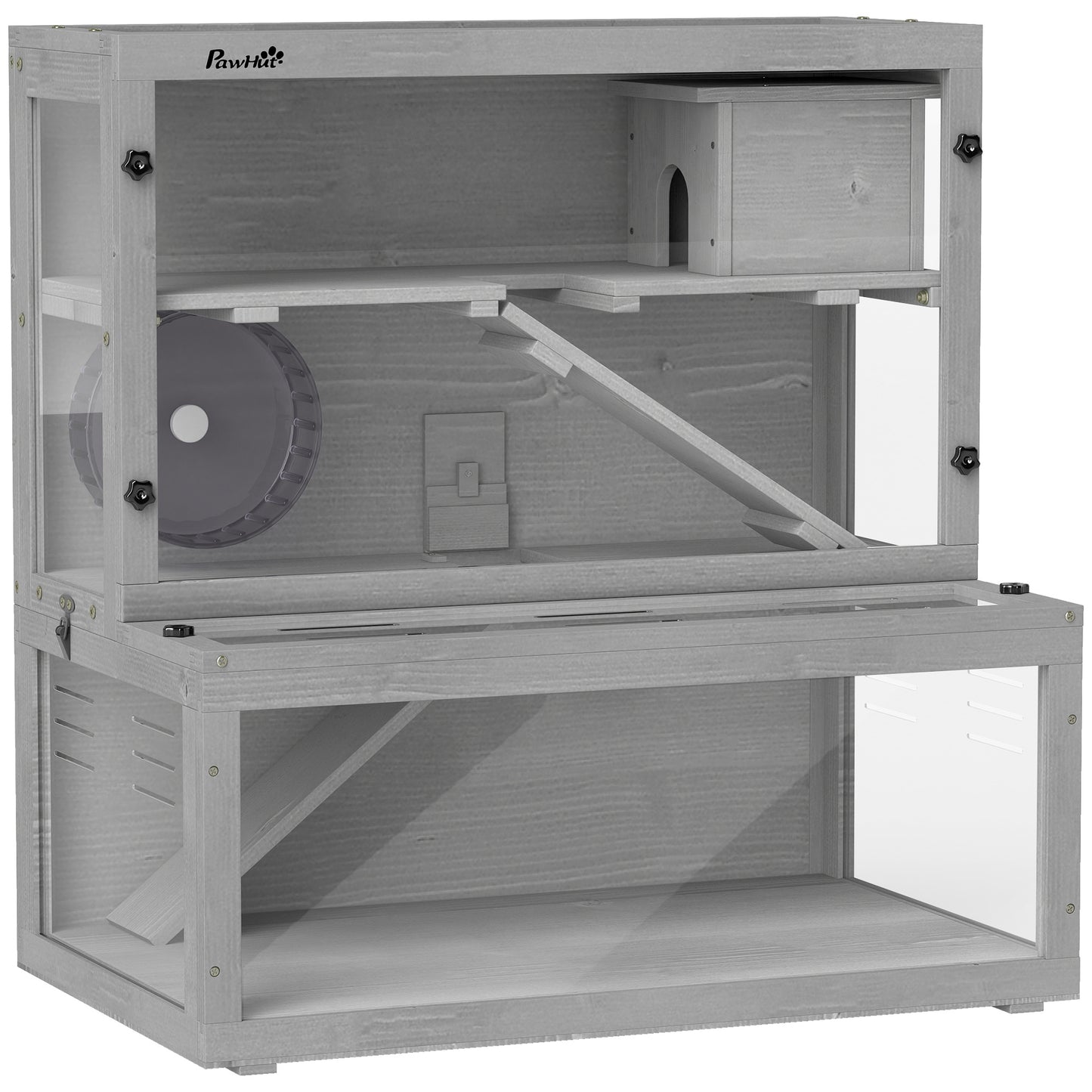Photo of PawHut Wooden Hamster Cage with Hut, Wheel, Ramps, Removable Viewing Panels, 80 x 50 x 84 cm, Grey in Grey colour on a white background