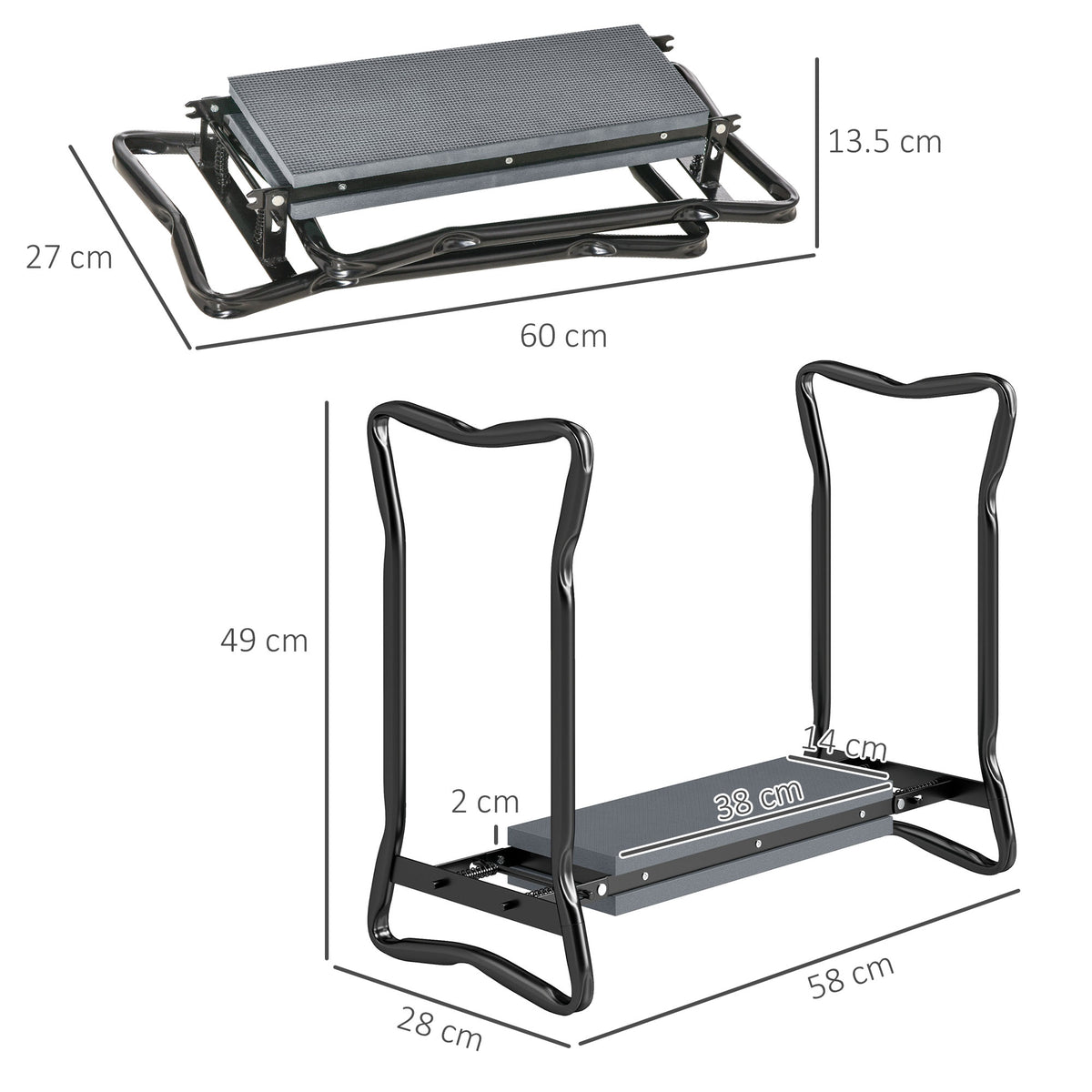 Outsunny garden kneeler seat shown folded and upright with dimensions