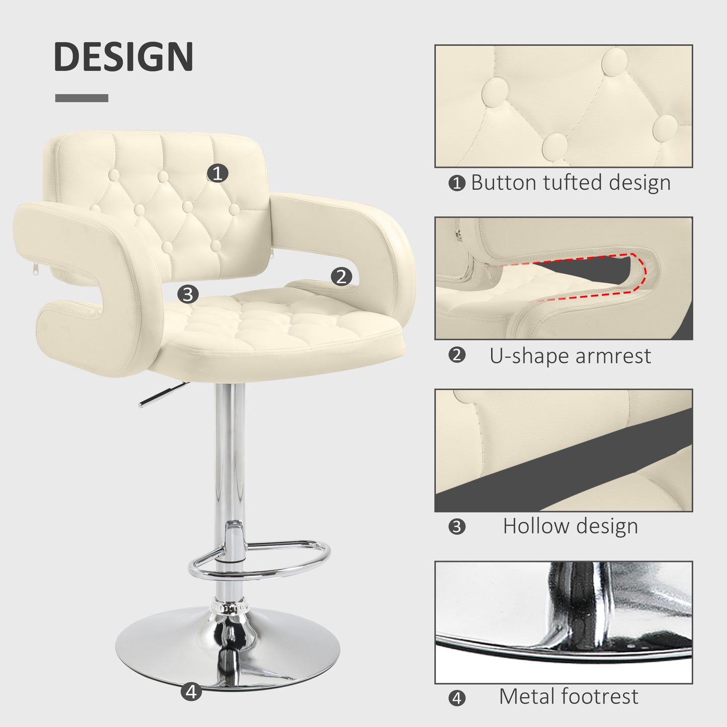 Upholstered Swivel Bar Stool, Set of 2 Height Adjustable Barstool with Back, Armrest, Footrest for Kitchen, White