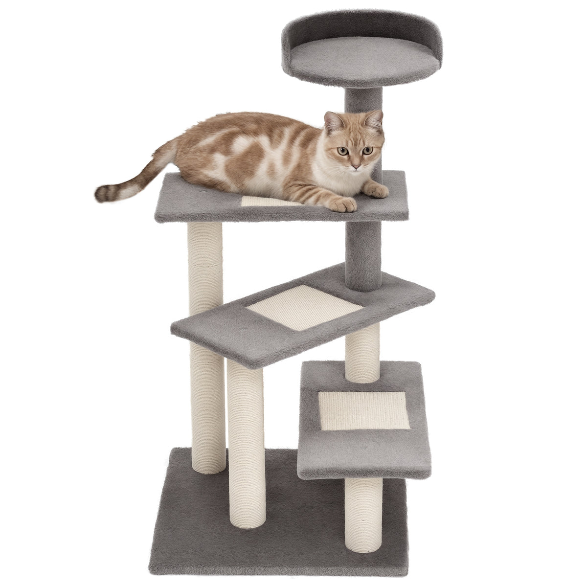 Grey 100 cm cat tree with plush platforms, sisal posts and a top perch