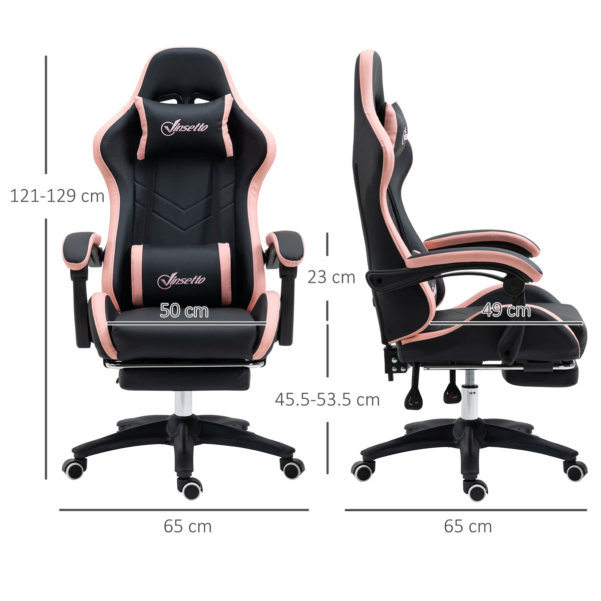 Vinsetto Gaming Chair, Computer Gamer Chair with Reclining High Back, Headrest, Lumbar Support, Footrest, Swivel Wheels, PU Leather, Adjustable Height for Home, Black and Pink