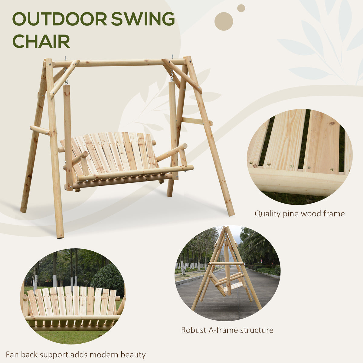 Outsunny 2 Seater Wooden Garden Swing Chair, Larch Wood Porch Swing Seat Bench Lounger for Outdoor Patio Garden, 300kg Capacity