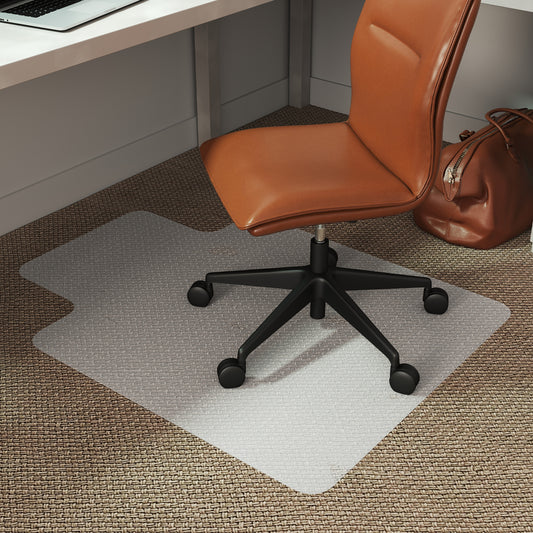 Clear chair mat protecting carpet beneath an office chair